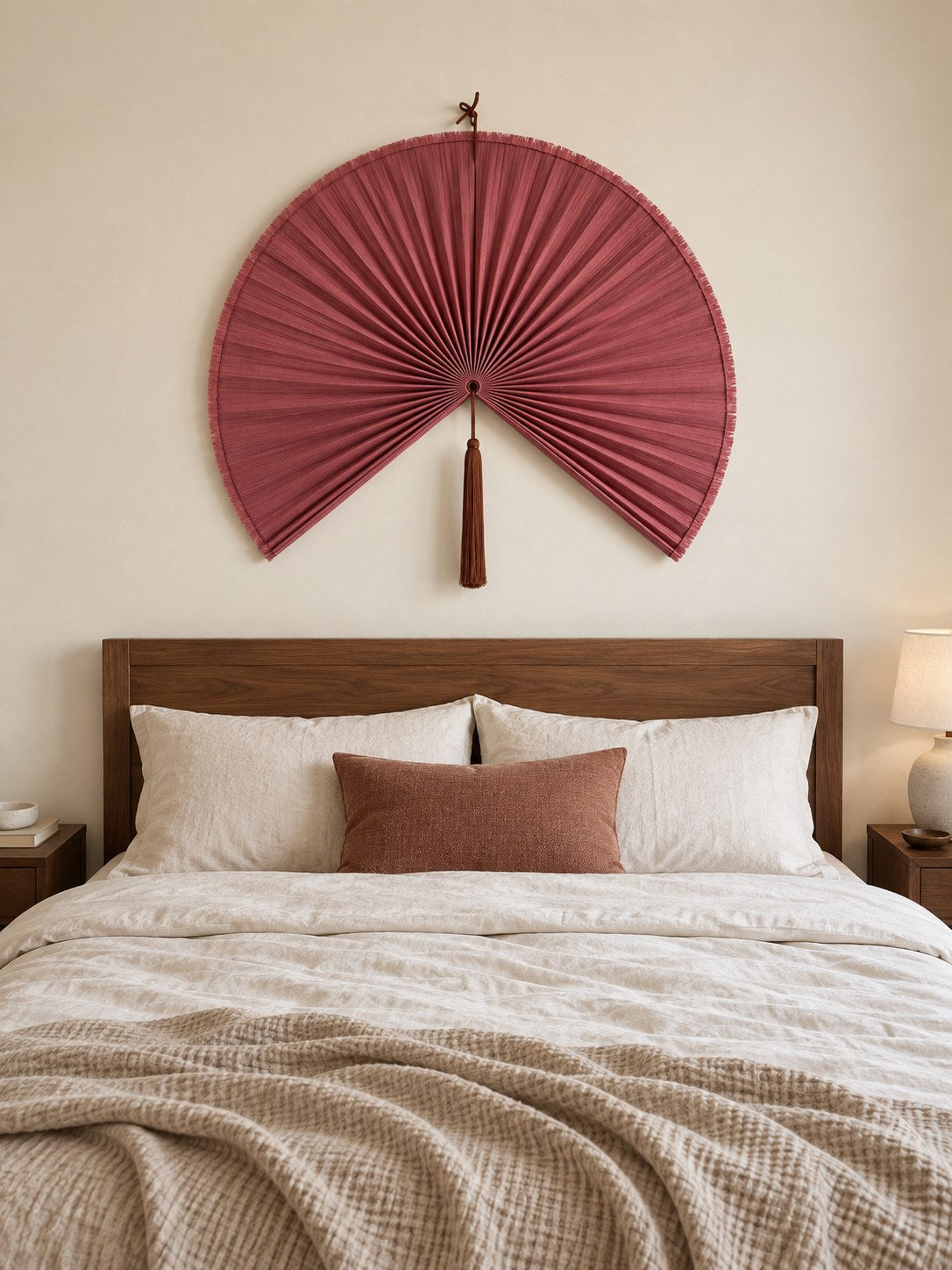Rose-red hanging wall fan sized to two-thirds the width of a walnut headboard