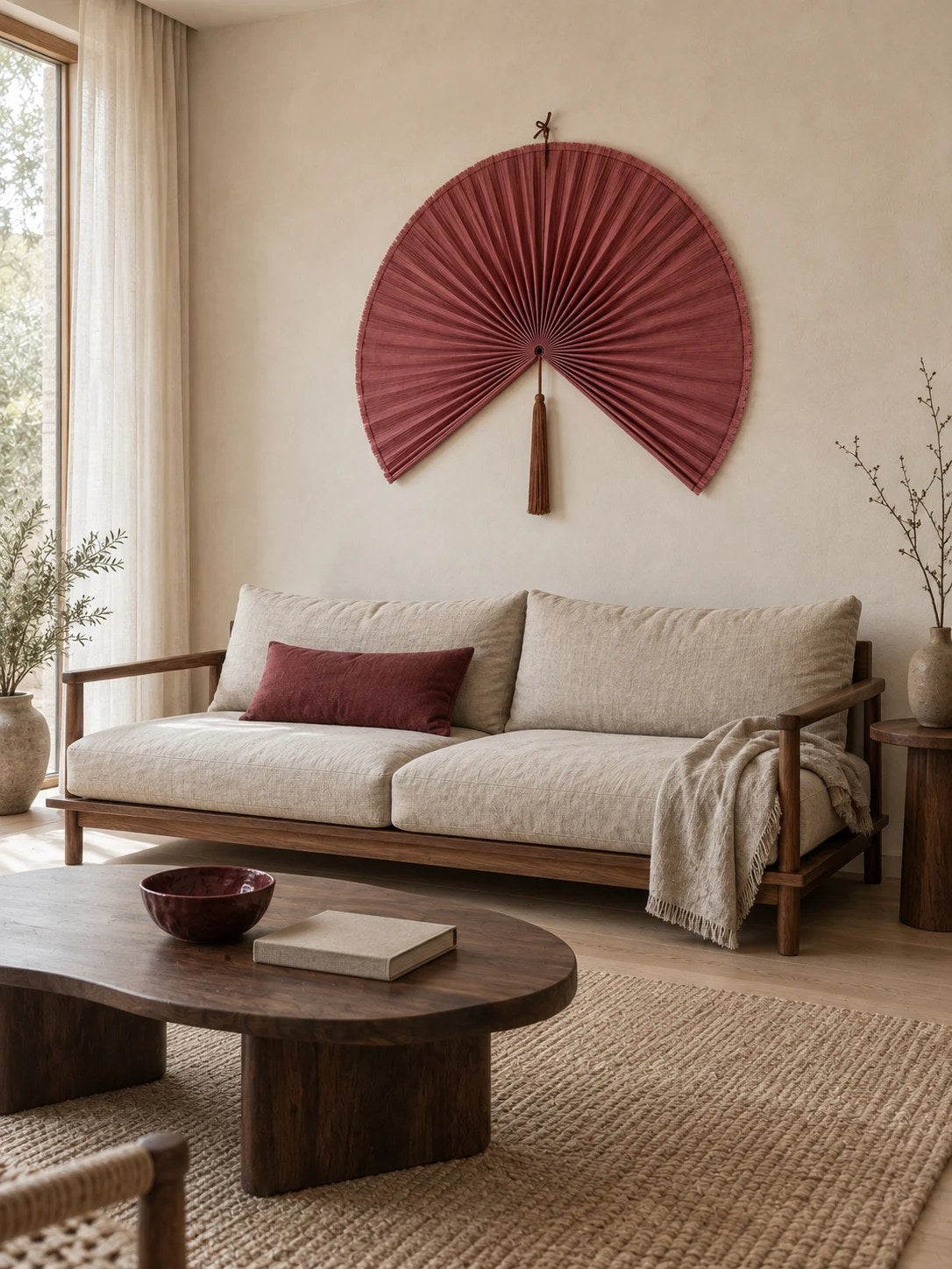 Magenta hanging wall fan above a linen sofa with a walnut coffee table