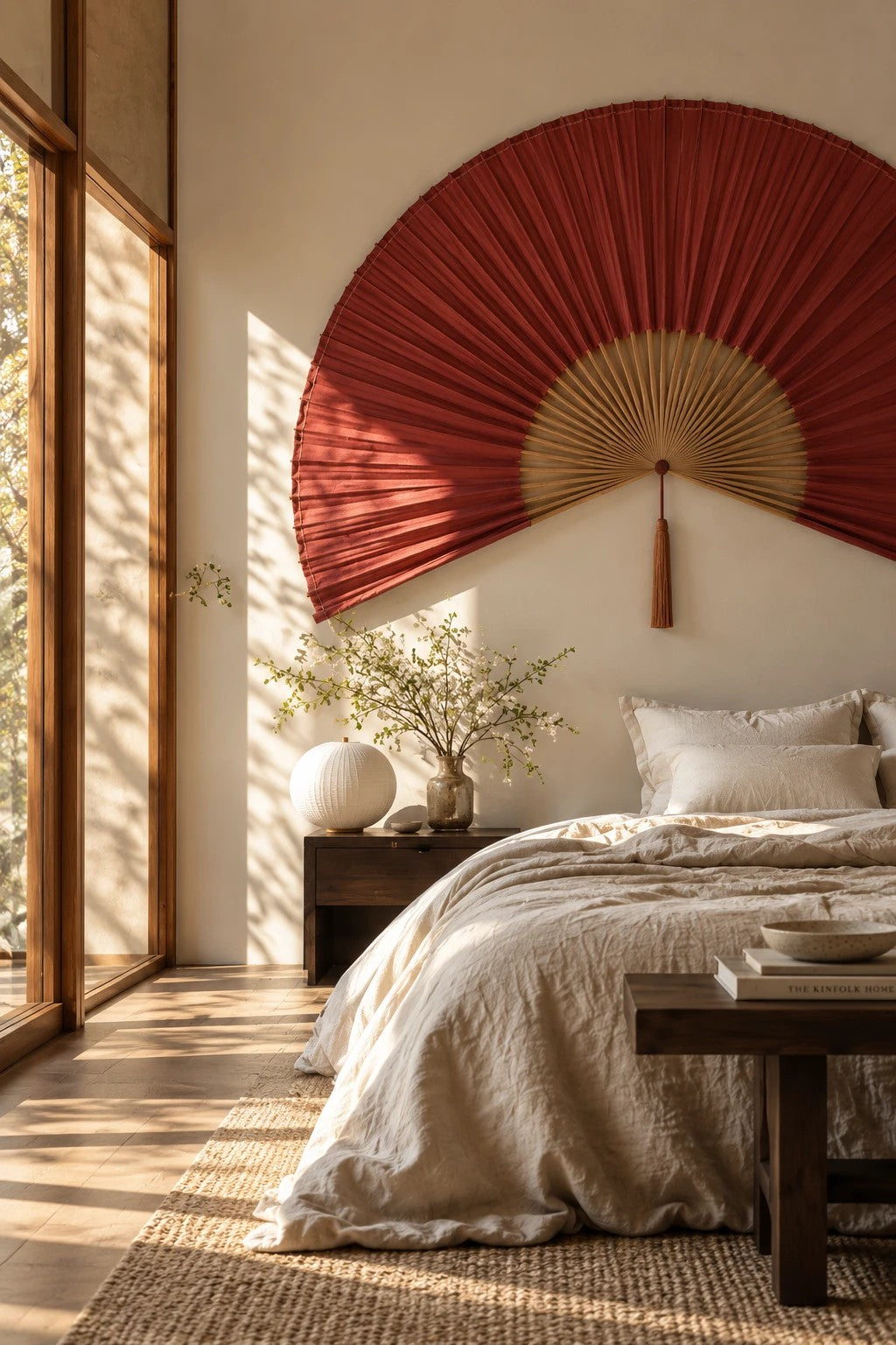 Oversized red Japanese-style hanging wall fan above a linen bed in a sunlit bedroom