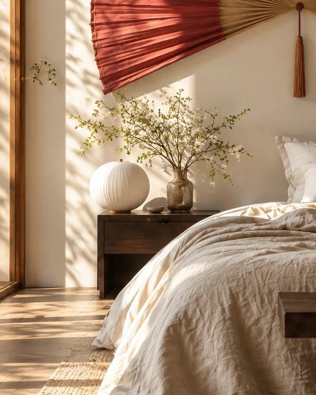 Bedside table with a paper lantern and flowering branches beneath a red Japanese-style wall fan