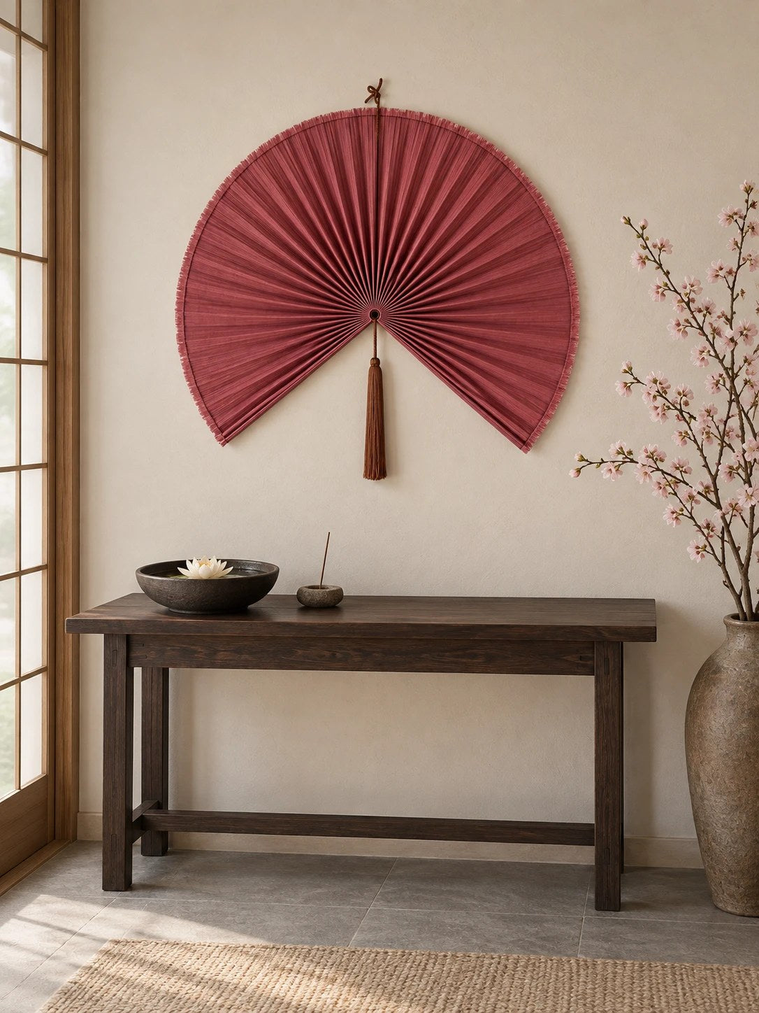 Rose-red hanging fan wall decor above a dark timber console table in an entryway